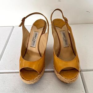 Jimmy Choo Choi Keyhole Women Sandal Sz 7 Yellow Patent Leather Espadrille Wedge